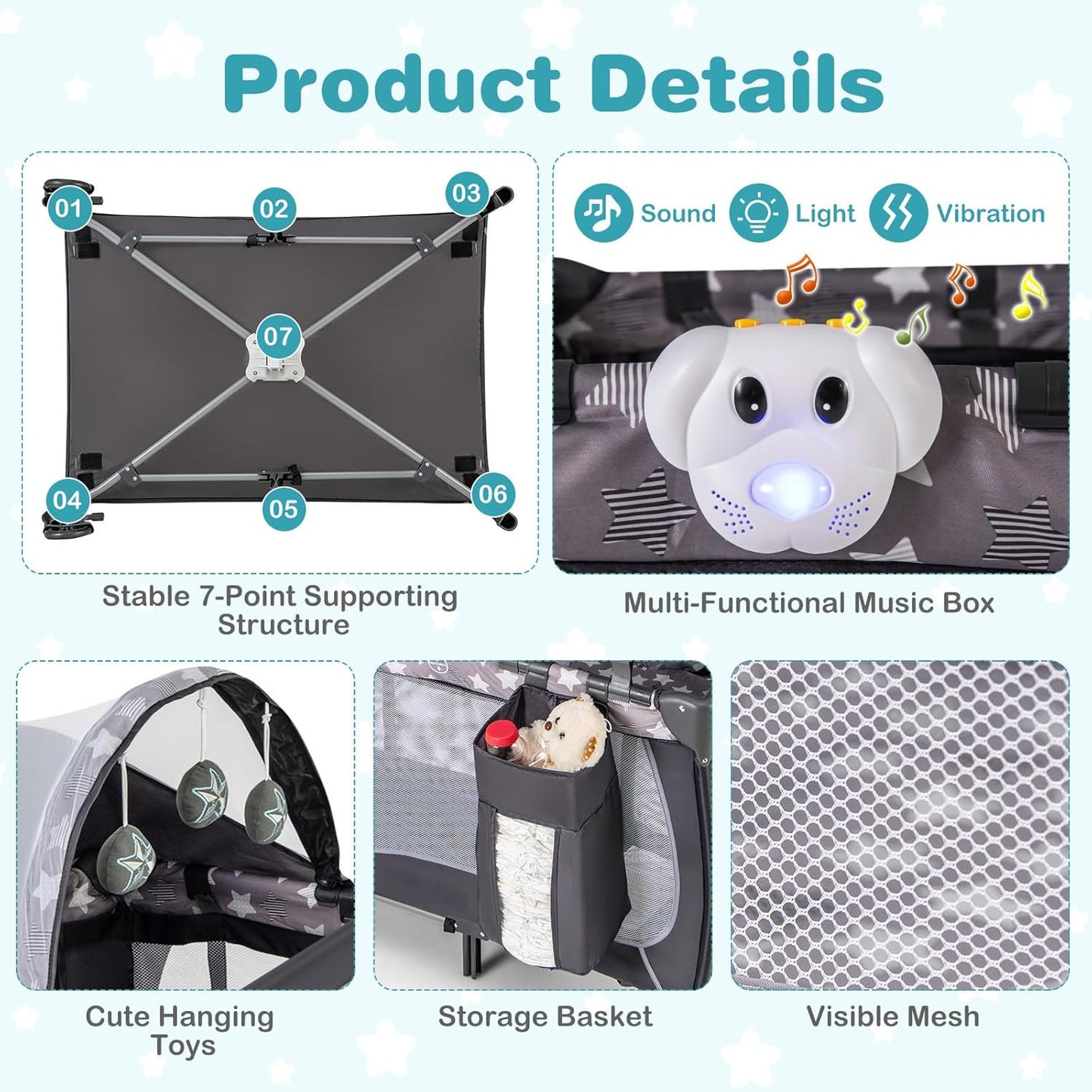 HONEY JOY Pack and Play with Bassinet, 4-in-1 Portable Baby Playard with Changing Table, Net & Cute Toys, Diaper Storage Bag, Music Box, Wheels with Brake, Foldable Newborn Play Yard w/Carry Bag