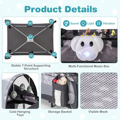 HONEY JOY Pack and Play with Bassinet, 4-in-1 Portable Baby Playard with Changing Table, Net & Cute Toys, Diaper Storage Bag, Music Box, Wheels with Brake, Foldable Newborn Play Yard w/Carry Bag