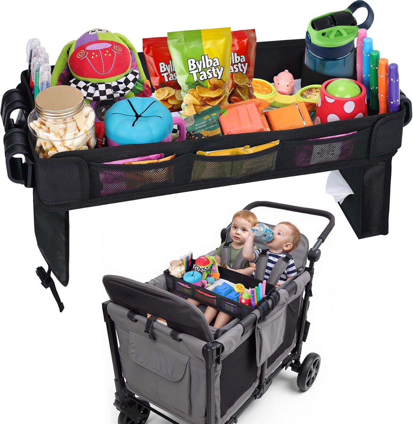 Babenest Stroller Snack Tray for Wonderfold Wagon W2, Foldable Thickened Snack Tray with Cup Holder, Storage Mesh Bag & Pen Slot, Easy to Clean Snack Board for Drawing