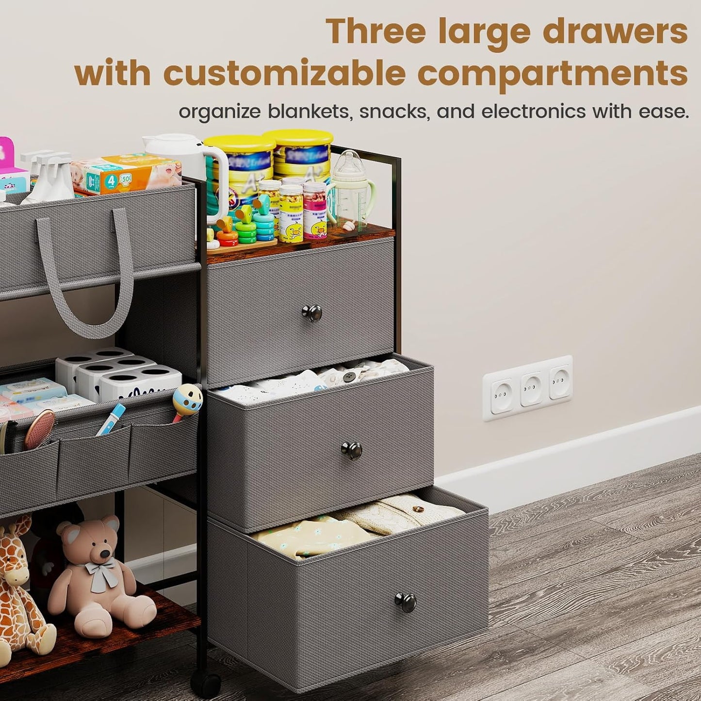 Diaper Caddy Organizer and Storage, 3-Tier Baby Storage Organizers with 2+2 Dividers, Large Capacity Diaper Rolling Cart for Nursery, Diaper Caddy Cart for Crib, Bedroom, Bathroom