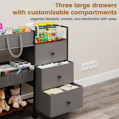 Diaper Caddy Organizer and Storage, 3-Tier Baby Storage Organizers with 2+2 Dividers, Large Capacity Diaper Rolling Cart for Nursery, Diaper Caddy Cart for Crib, Bedroom, Bathroom