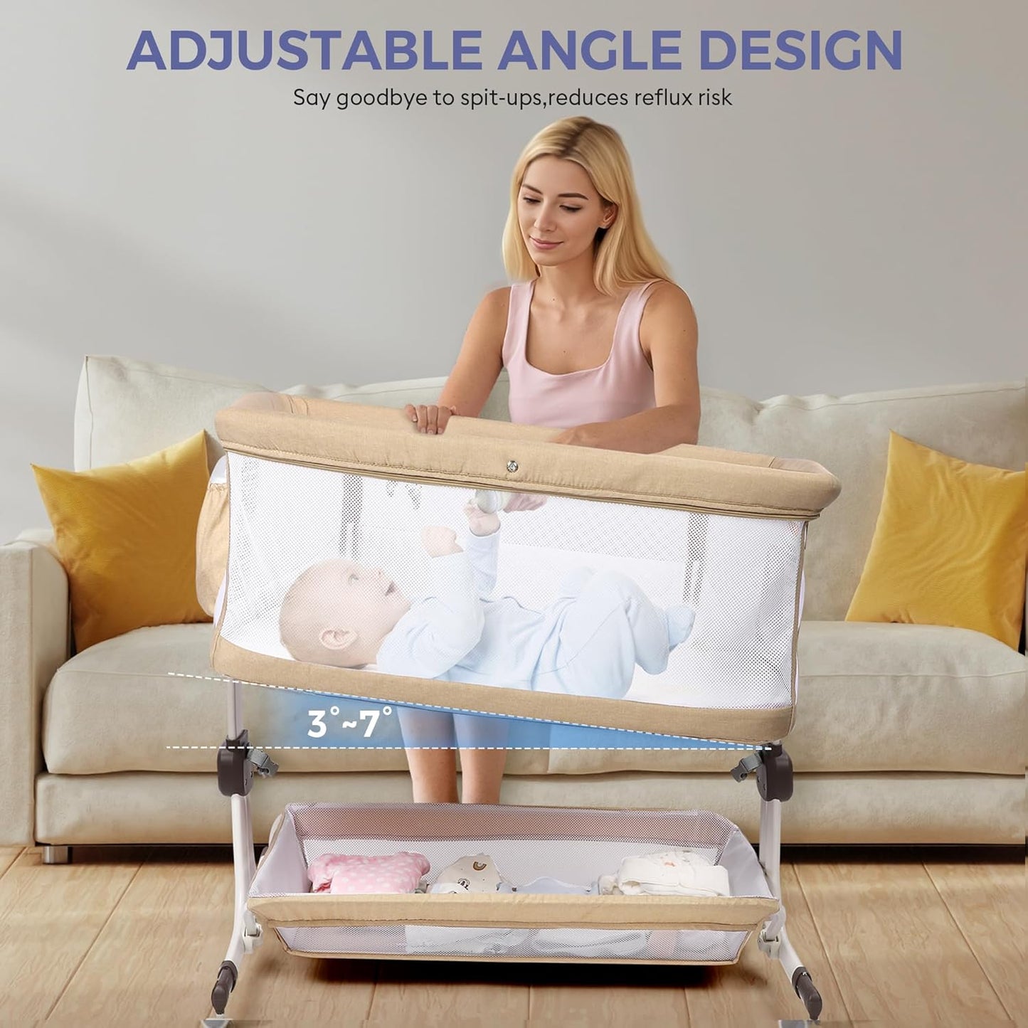 MOMFANN Baby Bassinet Bedside Sleeper, Upgraded Stability Bedside Crib with Full Mesh Sides, Soft Sheet, 6-Height Adjustment, Storage Basket, Easy Folding Portable Bassinet for Newborns, Gray
