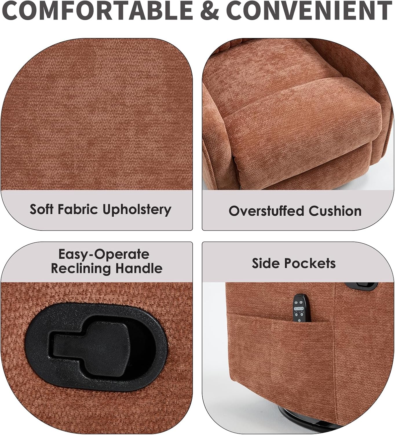 Trustyue Swivel Rocker Recliner Chair, 360° Swivel Recliner with Heat and Massage, Rocker Recliner Nursery Glider Chair with Side Pockets for Living Room (Beige, Fabric)