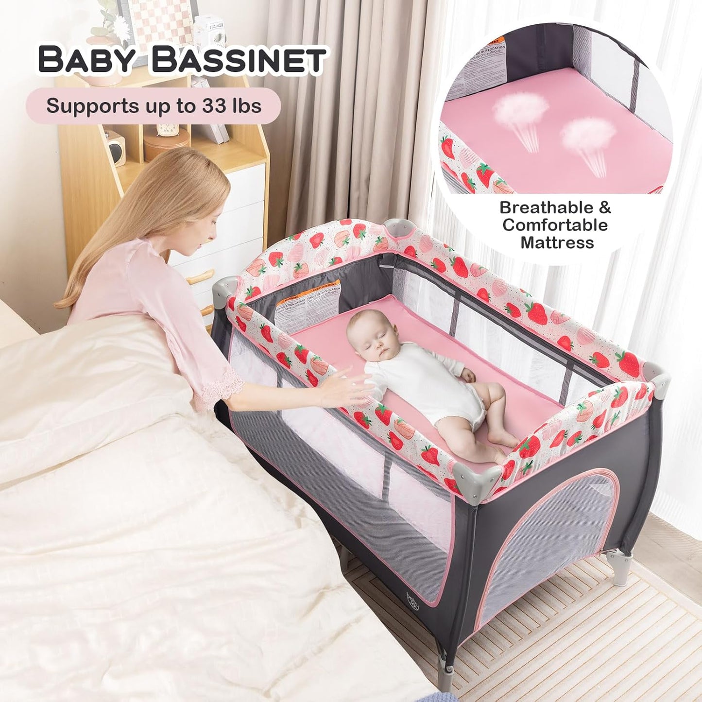 BABY JOY 4 in 1 Pack and Play, Portable Baby Playard with Bassinet, Side Zipper Door, Changing Table, Indoor Outdoor Travel Nursery Center w/Hanging Bar, Lockable Wheels, Carry Bag