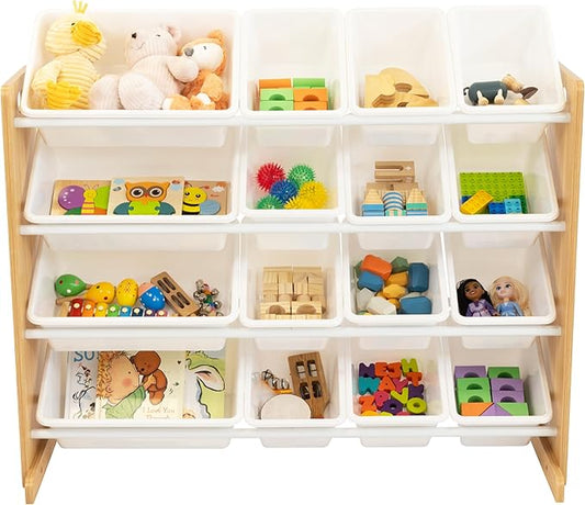 Humble Crew Toy Storage Organizer with 16 Removable Storage Bins for Kids Playroom, 4-Tier Toddler Toy Organization and Storage, Natural Wood/White