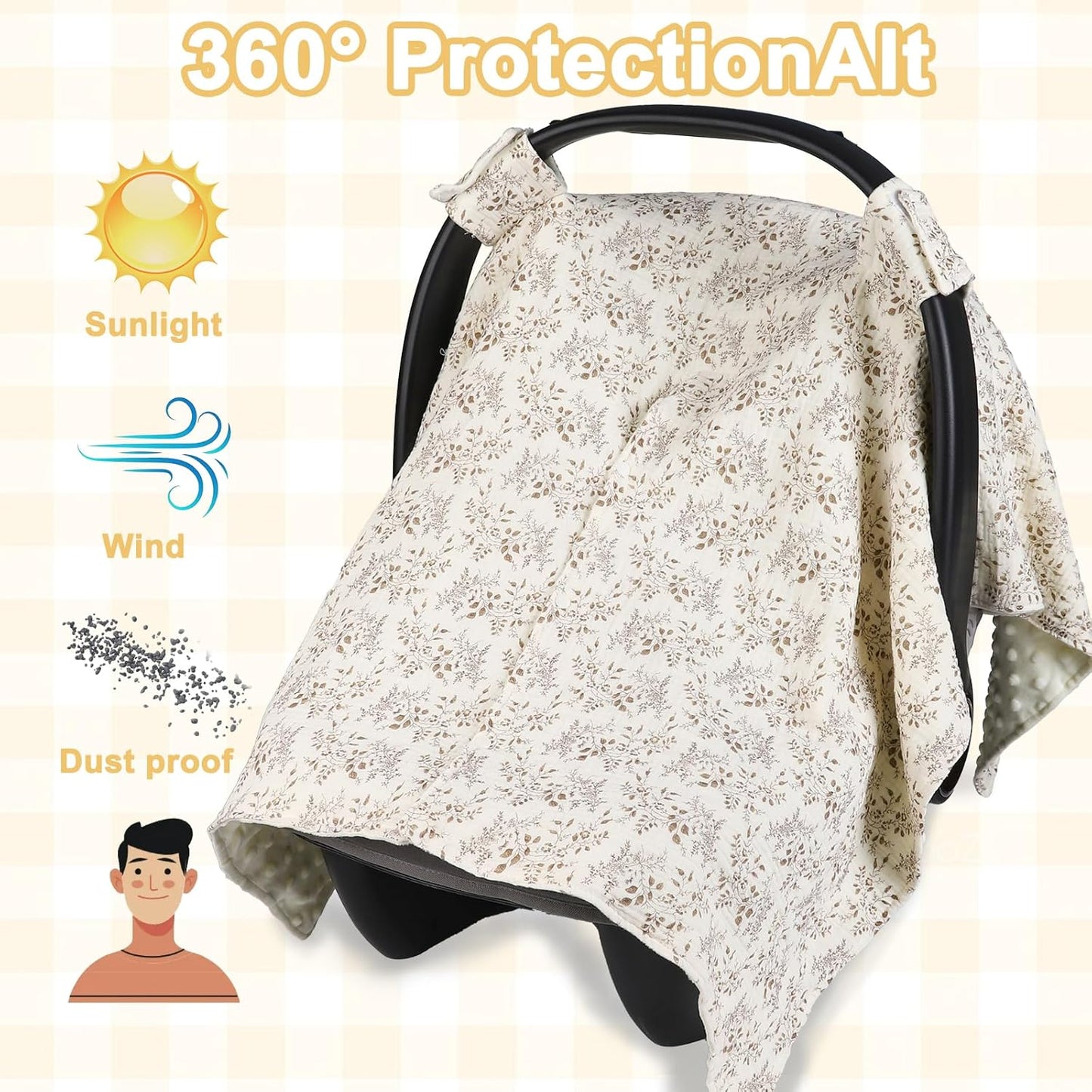 2-in-1 Baby Car Seat Cover & Canopy | Mom Nursing Cover, Easy Install Shield | Multi-Purpose for Winter Warmth & Summer Shade (Brown)