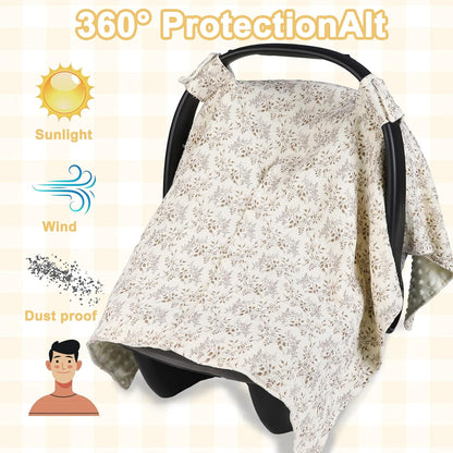 2-in-1 Baby Car Seat Cover & Canopy | Mom Nursing Cover, Easy Install Shield | Multi-Purpose for Winter Warmth & Summer Shade (Brown)