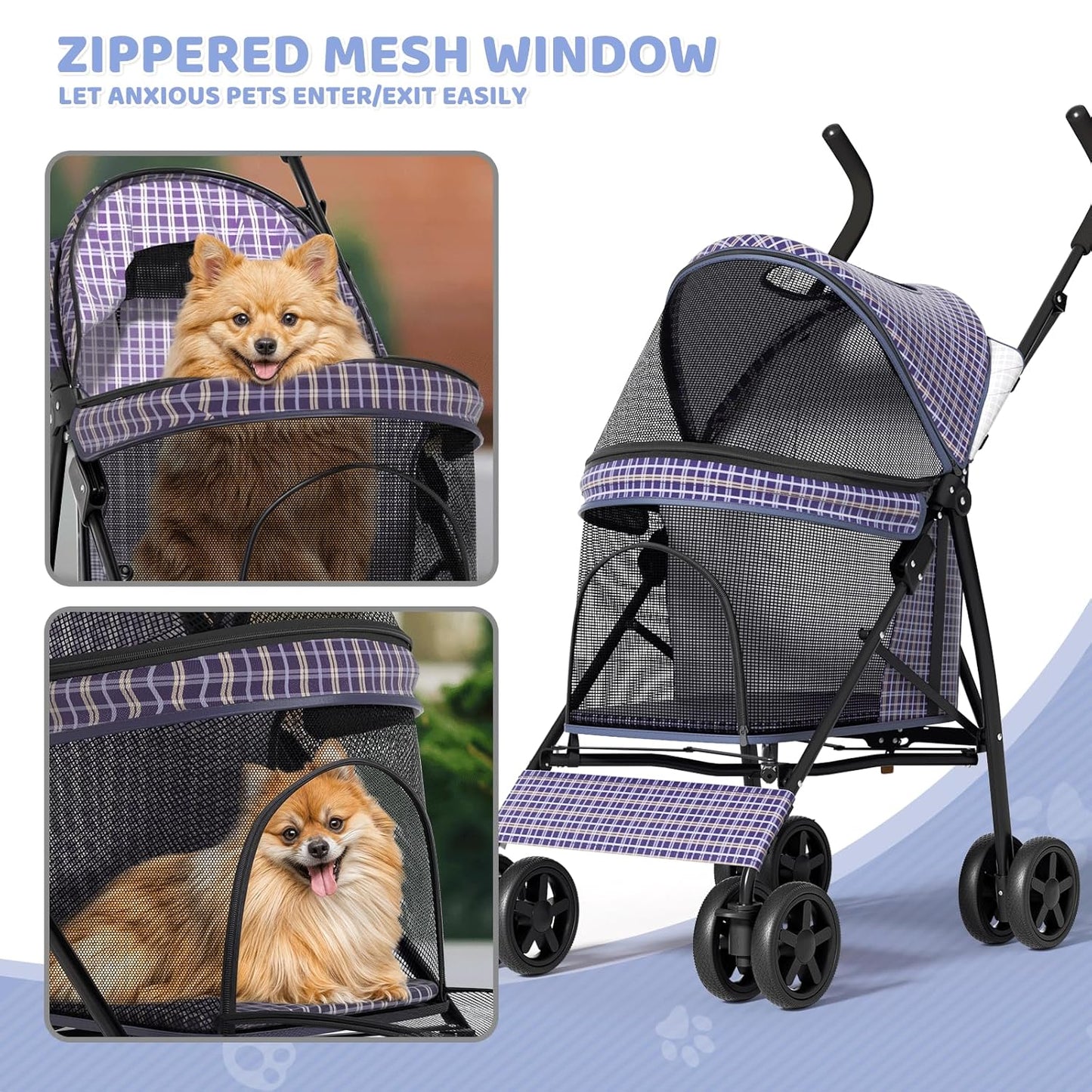 Magshion Compact Pet Stroller for Small-Medium Dogs/Cats up to 22lbs, 4-Wheel Lightweight Umbrella Shaped Portable Puppy Travel Jogger with Breathable Mesh, Cup Holder & Rear Storage, Black