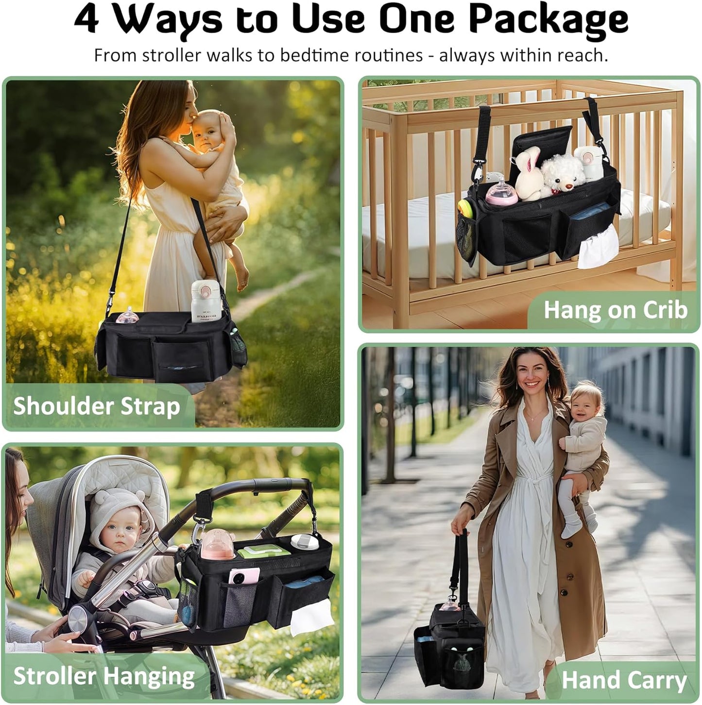 INFANZIA Universal Adjustable Stroller Organizer with Insulated Cup Holders, Phone Bag & Detachable Shoulder Strap, Fits Uppababy, Doona, Britax, Jogging Strollers and Most Baby Strollers (Black)