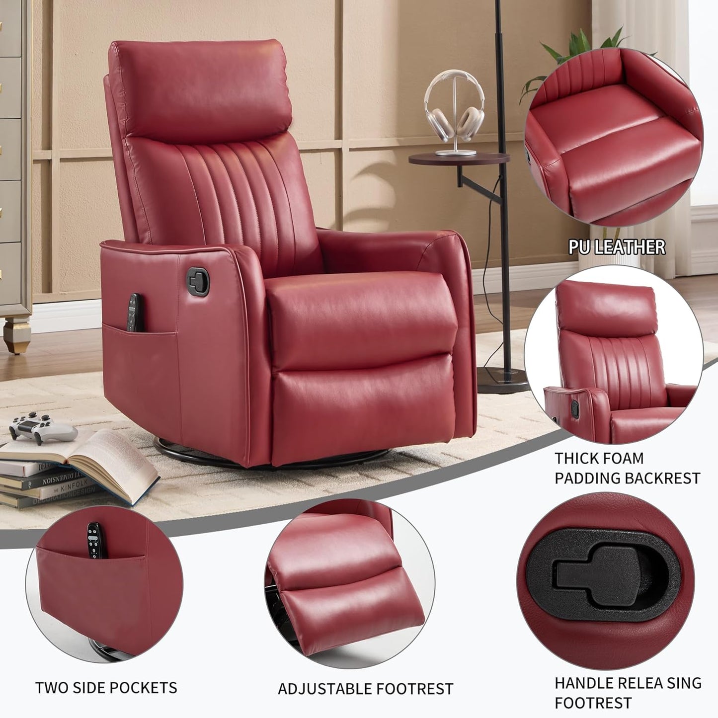 Swivel Rocker Recliner Chair for Adults, Nursery Rocking Chair with Heat and Massage, Glider Reclining Chair for Small Space Living Room Bedroom, Faux Leather Black