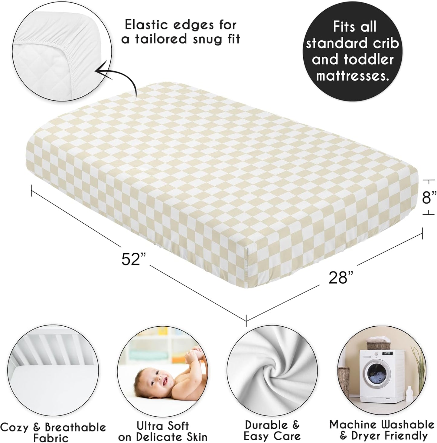 Sweet Jojo Designs 2-Piece Baby Bassinet Sheets Set (Black/White Gingham Checkered Plaid) for Boy/Girl, Infant Newborn Nursery, Oval, Rectangle & Hourglass Mattress (Solid Onyx & Classic Checkerboard)