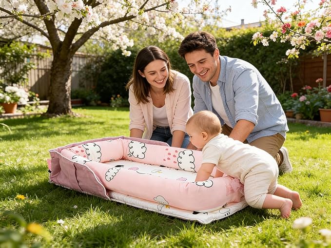 Baby Lounger for Newborns & Infants 0–24 Months, 100% Cotton Breathable Infant Support Cushion with Adjustable Size, Portable Baby Nest for Home and Travel, Baby Shower Gift (Rain Cloud)