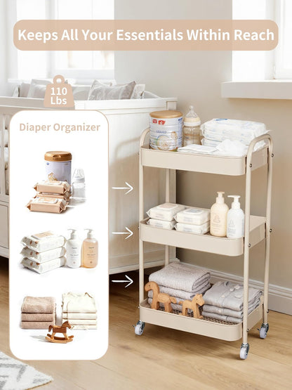Fortella Baby Diaper Caddy, 3 Tier Rolling Storage Cart for Baby Essentials, Diaper Cart with Detachable Dividers, Storage Organizer & Baby Bottle Organizer for Bedroom, Living Room (Beige)