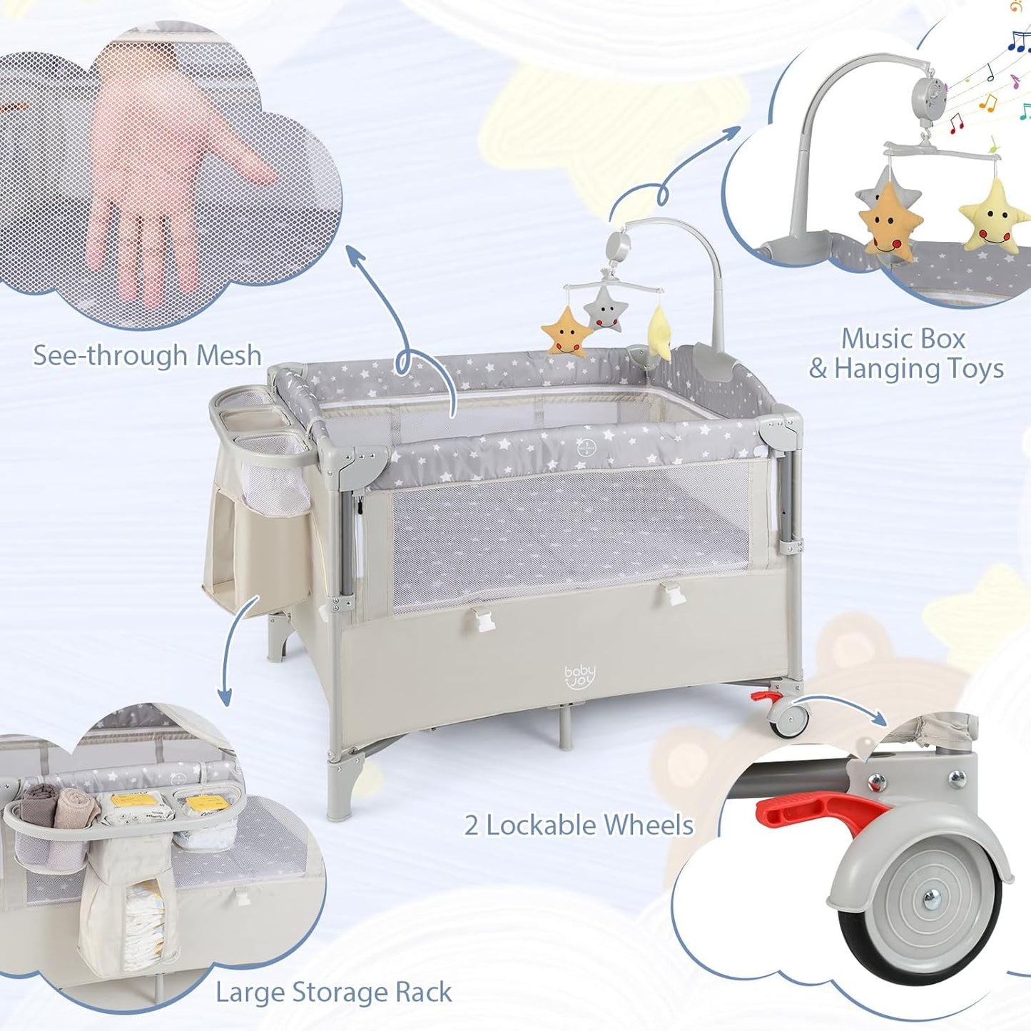 BABY JOY 5-in-1 Pack and Play, Portable Baby Bedside Sleeper with Bassinet, U-Shaped Diaper Changer, Safety Strap, Side Zipper Entrance, Hangings, Bedside Crib Playard from Newborn to Toddlers (Gray)