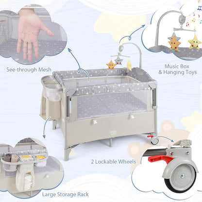 BABY JOY 5-in-1 Pack and Play, Portable Baby Bedside Sleeper with Bassinet, U-Shaped Diaper Changer, Safety Strap, Side Zipper Entrance, Hangings, Bedside Crib Playard from Newborn to Toddlers (Gray)