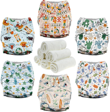 Mama Koala 3.0 Pocket Cloth Diapers for Babies with AWJ Lining, 6 Pack with 6 4-Layer Natural Cloth Diaper Inserts - Reusable and Washable Pocket Diapers(Hardworking Bees) - Colors A