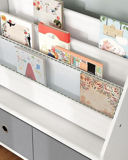 CHOEZON Kids Bookshelf and Toy Storage, 4 Tier Large Capacity Kids Book Rack, Sling Kid Bookcase, for Kids Room, Nursery, Playroom, White and Gray MCW06WT