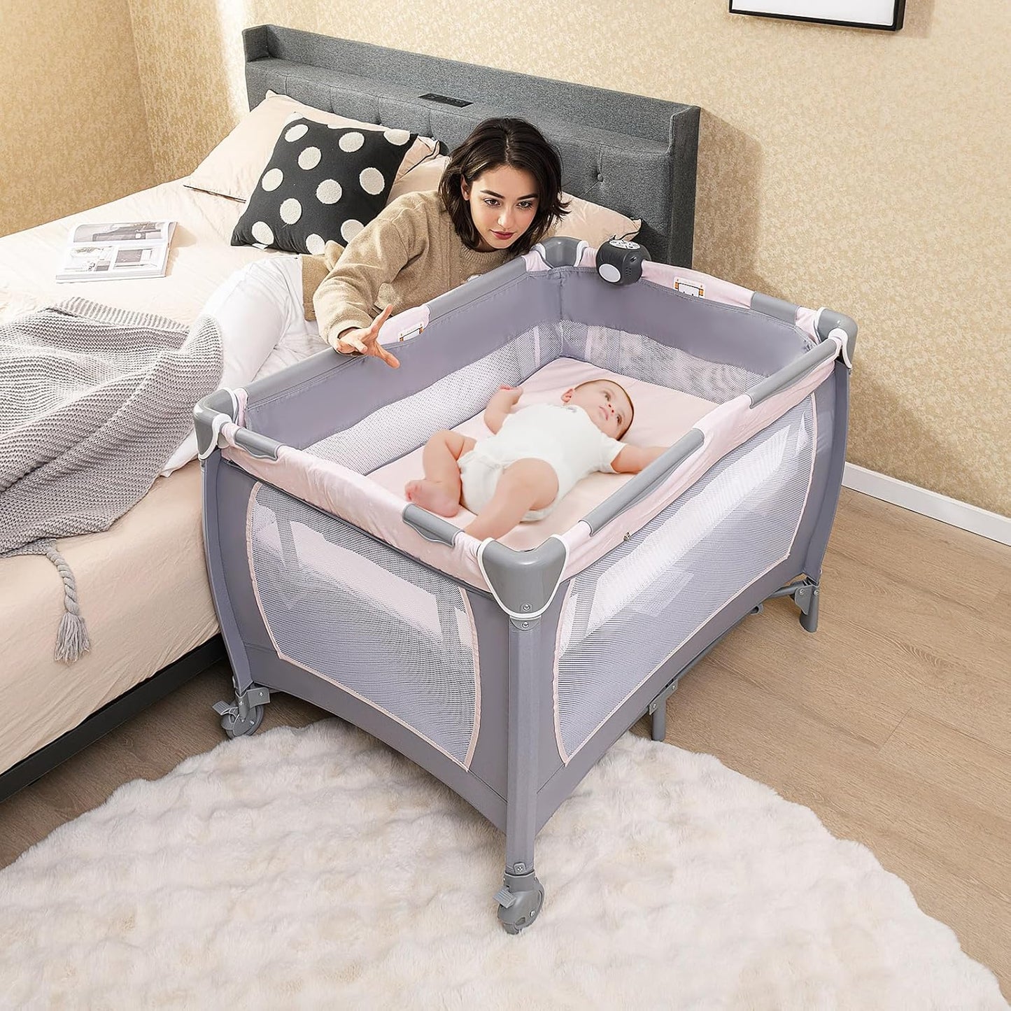 HONEY JOY Pack and Play, 5 in 1 Portable Infant Playpen with Bassinet & Changing Table, Storage Bag, Music Box, Toys, Carry Bag, Nursery Center, Baby Playard Pack n Play Crib for Boys Girls