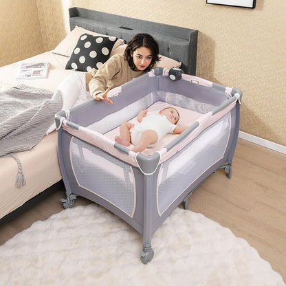 HONEY JOY Pack and Play, 5 in 1 Portable Infant Playpen with Bassinet & Changing Table, Storage Bag, Music Box, Toys, Carry Bag, Nursery Center, Baby Playard Pack n Play Crib for Boys Girls