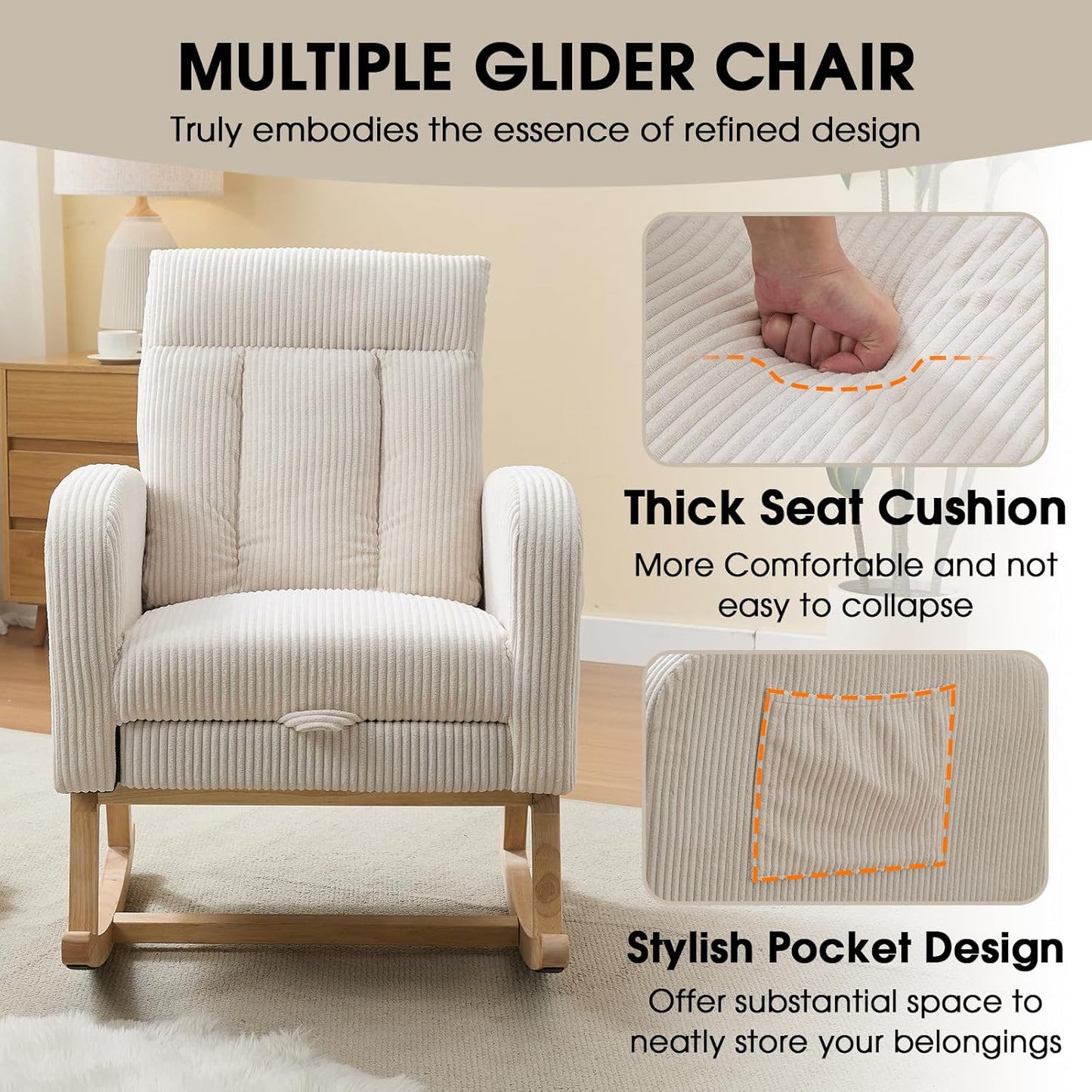 NIOIIKIT Nursery Rocking Chair, Corduroy Upholstered Rocking Chair with Adjustable Footrest, Tufted Rocker Chair with Side Pocket, Glider Rocker for Living Room, Bedroom (Cream Retro)