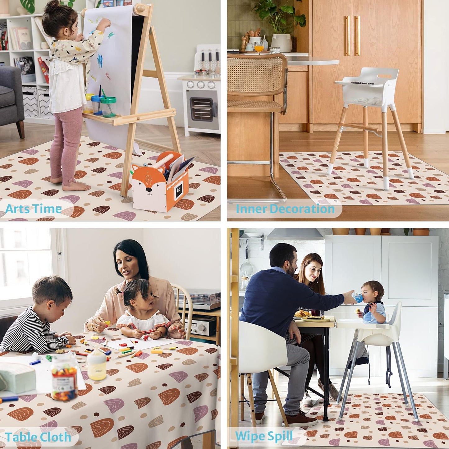 Blissful Diary Baby Splat Mat for Under High Chair, 50.4 x 50.4 Inch Wipeable Splash Mat, Waterproof and Washable, Anti-Slip Floor Protector, Retro Rainbow