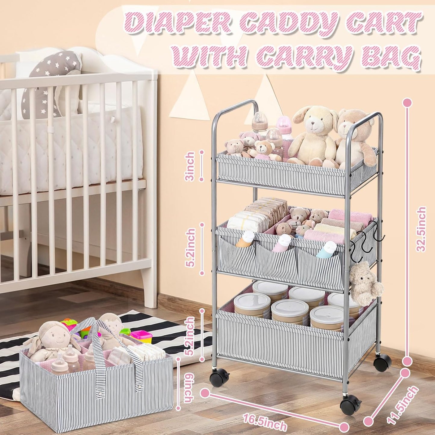 WILLBOND 2in1 Baby Diaper Caddy Organizer Cart, 3 Tier Large Capacity Metal Utility Bedside Rolling Cart with Divider for Newborn Registry Nursery Essential Must Have Gift Baby Shower Bedroom(Pink)