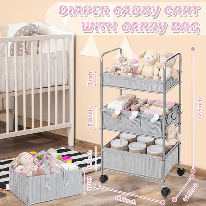 WILLBOND 2in1 Baby Diaper Caddy Organizer Cart, 3 Tier Large Capacity Metal Utility Bedside Rolling Cart with Divider for Newborn Registry Nursery Essential Must Have Gift Baby Shower Bedroom(Pink)