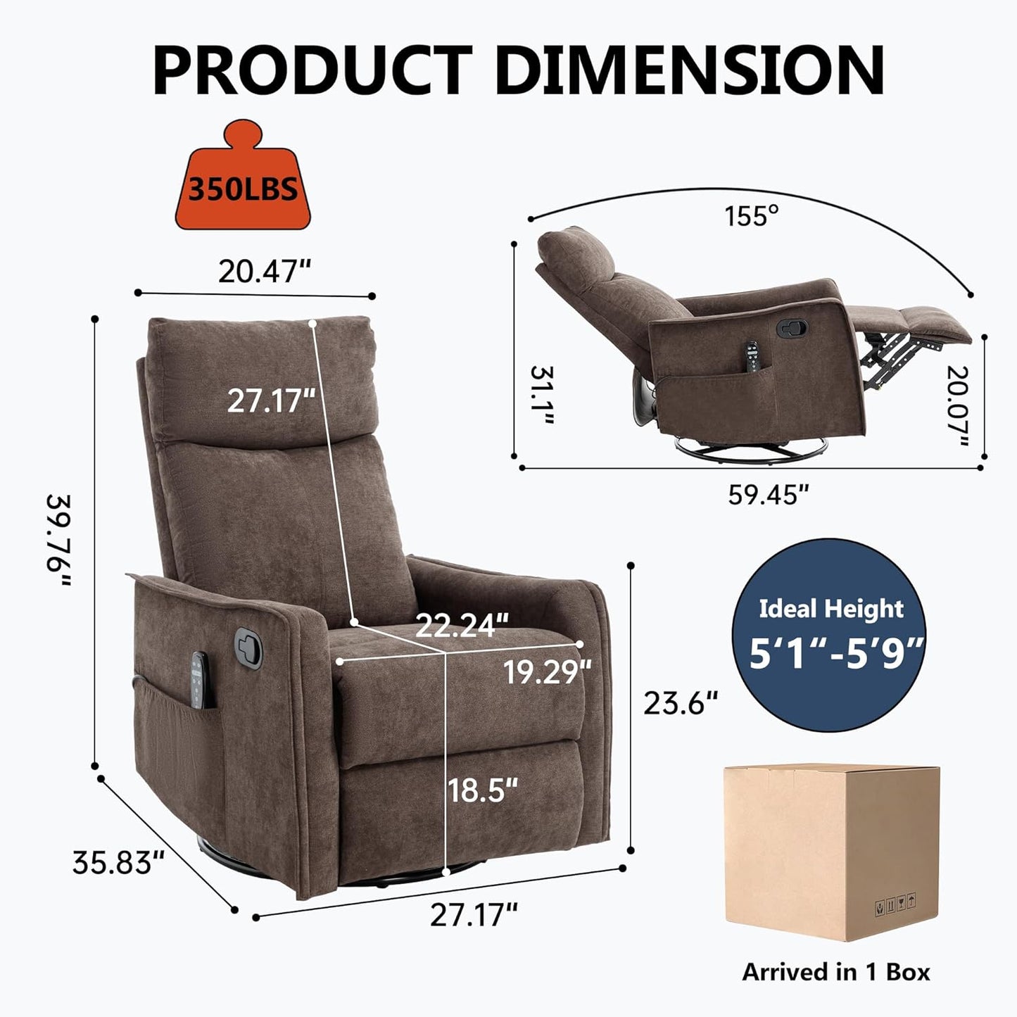 Swivel Rocker Recliner Chair for Adults, Nursery Rocking Chair with Heat and Massage, Glider Reclining Chair for Small Space Living Room Bedroom, Faux Leather Black