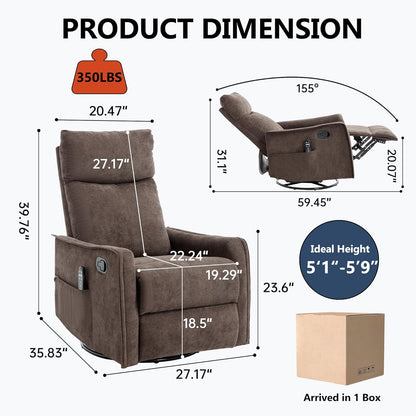 Swivel Rocker Recliner Chair for Adults, Nursery Rocking Chair with Heat and Massage, Glider Reclining Chair for Small Space Living Room Bedroom, Faux Leather Black