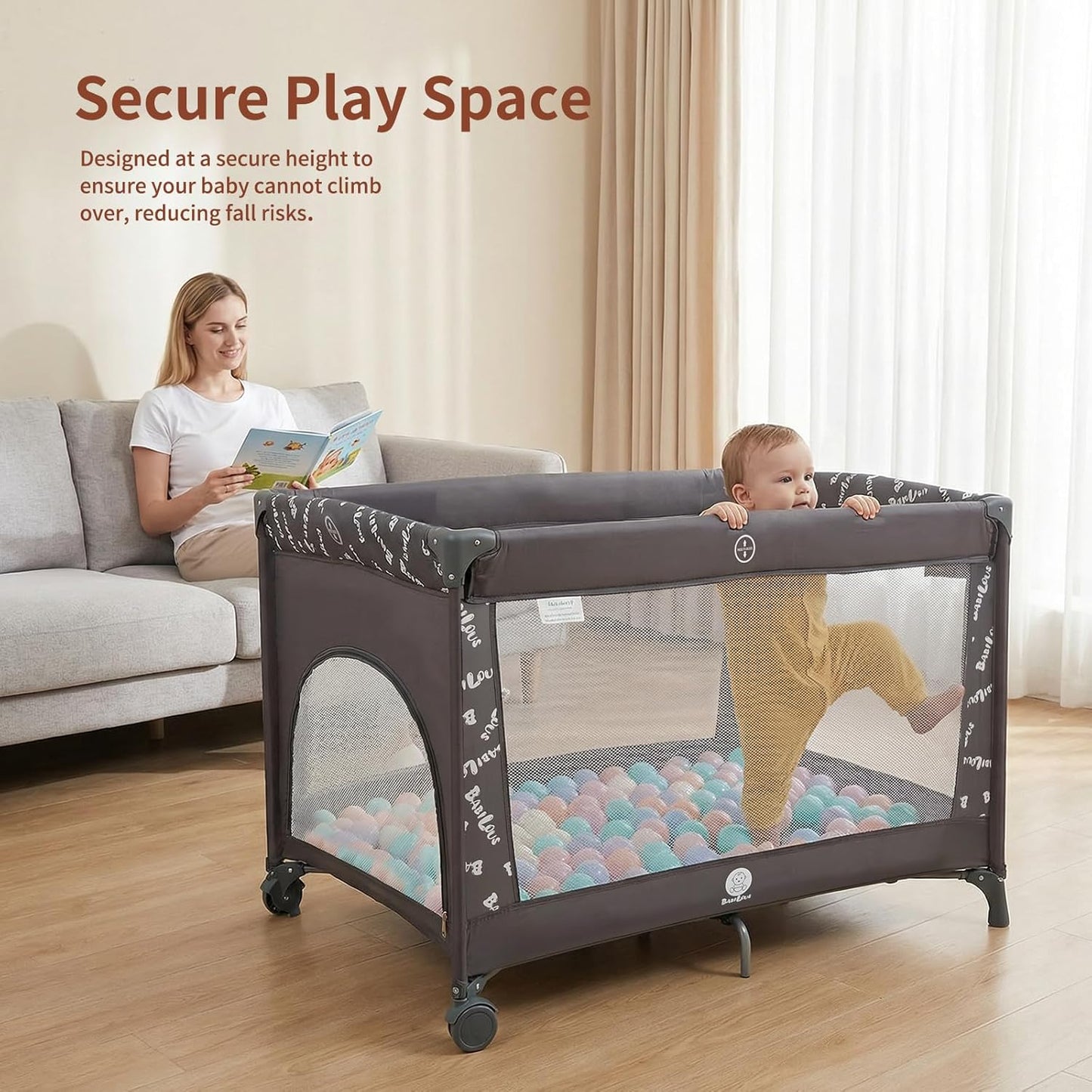 Babilous Pack and Play, Baby Bassinet with Wheels, Foldable Baby Playard for Travel, Easy Carry Bedside Bassinet, Mini Pack n Play with Comfortable Mattress & Compact Space Saving Design, Grey