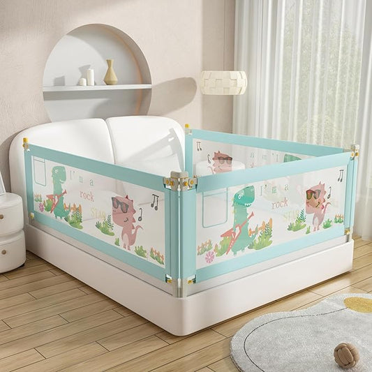 Bed Rail for Toddlers Twin, Full, Queen, King & Cal kingMattress Size | Swing Down Rail Guard | Mattress Side Rail for Kids (Blue Dinosaur, (3 Sides for Queen Size) 79.9x79.9x59.8 Inch)