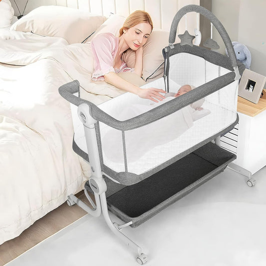 Cowiewie Baby Bassinet 4-Sided Mesh Bedside Sleeper with Wheels for Infant/Newborn Foldable Adjustable Height Portable Bedside Crib(Grey) | Breathable Mesh