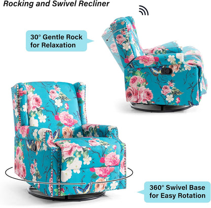 Swivel Rocker Recliner Chair, Manual Nursery Glider Recliner, Floral Fabric Wingback Accent Chair with Adjustable Backrest & Footrest for Small Spaces Living Room Bedroom (Plants Floral, Set of 1)