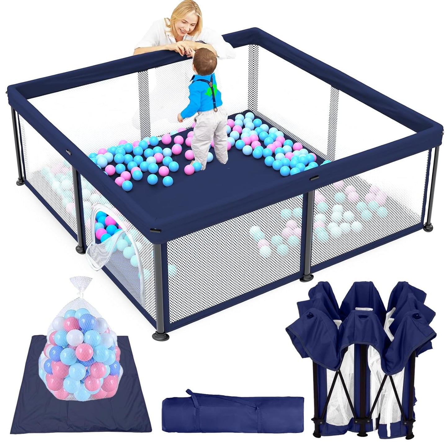 TOREVSIOR Foldable Baby Playpen with Mat, 50"×50" Collapsible Play Pen for Babies and Toddlers, Indoor & Outdoor Kids Safety Play Pen, Portable Play Yard, Foldable Baby Playpen with 50 Ocean Balls