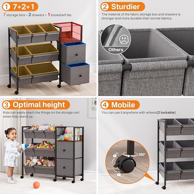 Modanais Kids Toy Organizers and Storage Bins - 7 Storage Bins + 2 Fabric Drawers + 1 Bookshelf, Playroom Storage, Mobile Cart Organizer for Toy, Clothes, Blankets and Books - Black