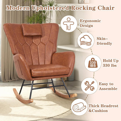 VECELO Rocking Chair Nursery with Thick Headrest, Modern Teddy Upholstered Reading Glider Rocker Accent Armchair with High Backrest, Padded Seat, Side Pocket, for LivingRoom, Bedroom, Baby Room, Brown