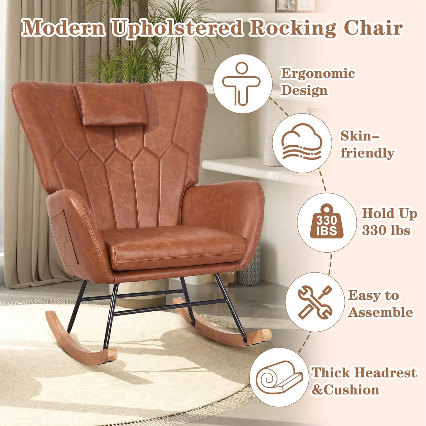 VECELO Rocking Chair Nursery with Thick Headrest, Modern Teddy Upholstered Reading Glider Rocker Accent Armchair with High Backrest, Padded Seat, Side Pocket, for LivingRoom, Bedroom, Baby Room, Pink