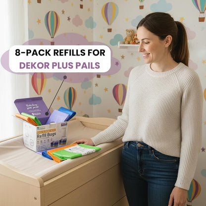 Factory Happyou® Pack of 8 Refills Compatible with Dekor PLUS Diaper Pails (NOT COMPATIBLE WITH DEKOR CLASSIC). A Refill is 394 in Long, 30% Thicker. Odor Control. Each Refill Holds up to 600 Diapers