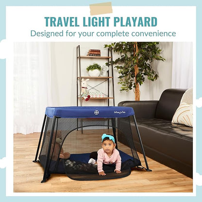 Dream On Me Travel Light Baby Playard with Zipper Access Door, Breathable Mesh Sides with Soft Comfortable Mattress, Easy Fold Design with Travel Carry Bag, Compact Space Saving Design - Navy
