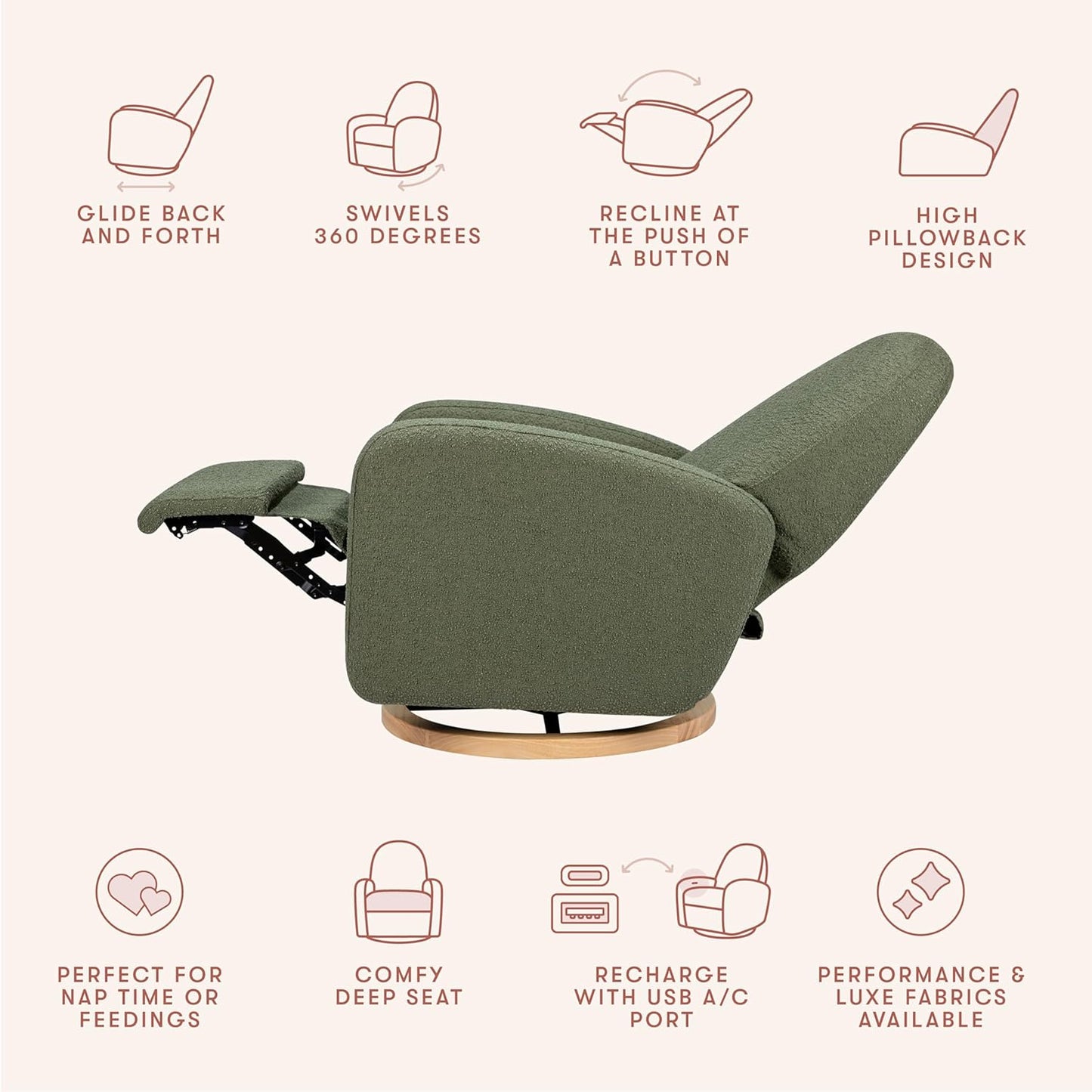 Babyletto Nami Electronic Power Recliner and Swivel Glider with USB Port in Ivory Boucle with Light Wood Base, Greenguard Gold and CertiPUR-US Certified