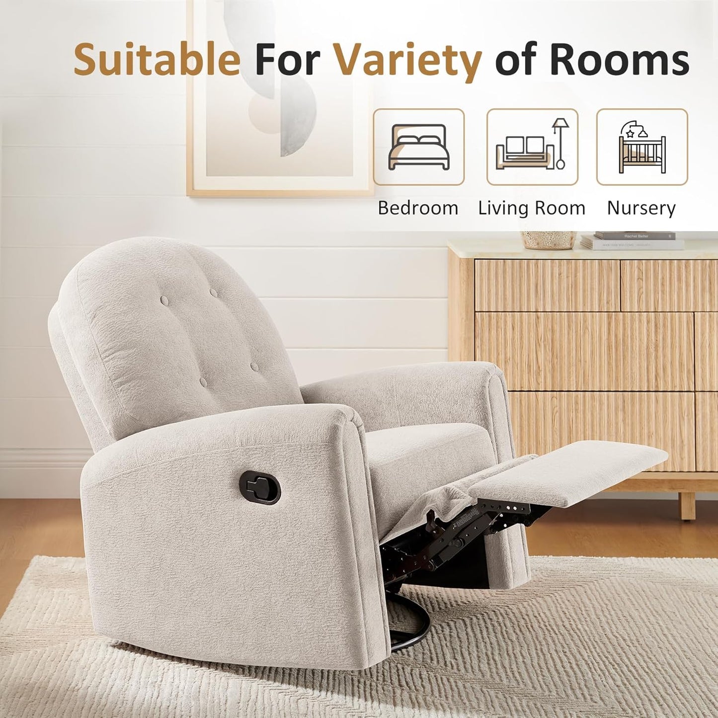 VANOMi 360 Swivel Rocker Recliner Chair, Nursery Rocking Chair with Tufted Backrest, Manual Recliner Chairs for Small Spaces, Upholstered Glider Nursing Chair for Living Room, Bedroom (White)