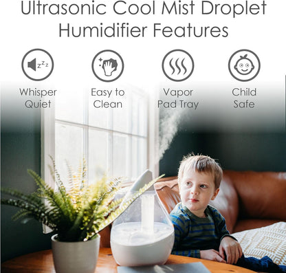Crane Droplet Ultrasonic Small Air Humidifiers for Bedroom and Office, 0.5 Gallon Cool Mist Humidifier for Plants and Home, Humidifier Filters Optional, White
