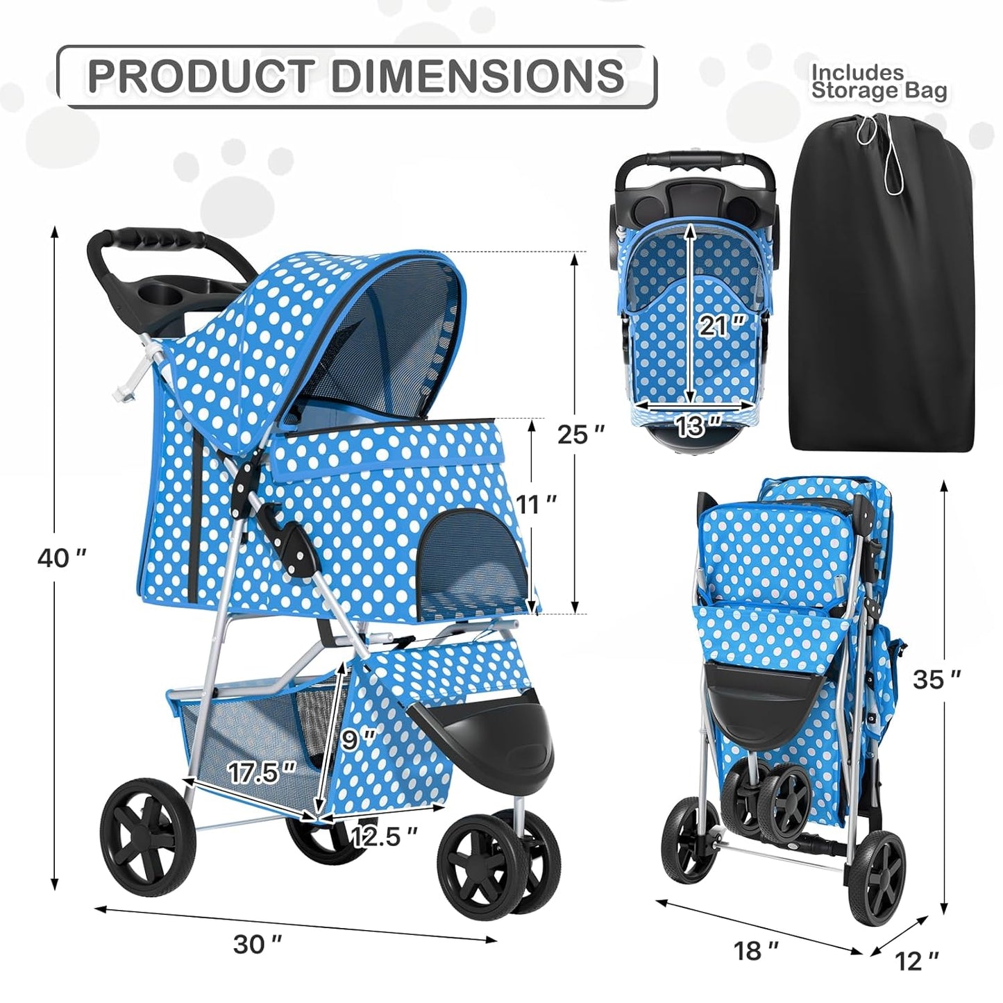 MoNiBloom Foldable Pet Stroller with Weather Cover, 3 Wheels Pet Strolling Cart for Small/Medium Dogs and Cats with Storage Basket and Cup Holder, Breathable and Visible Mesh for All-Season, Black