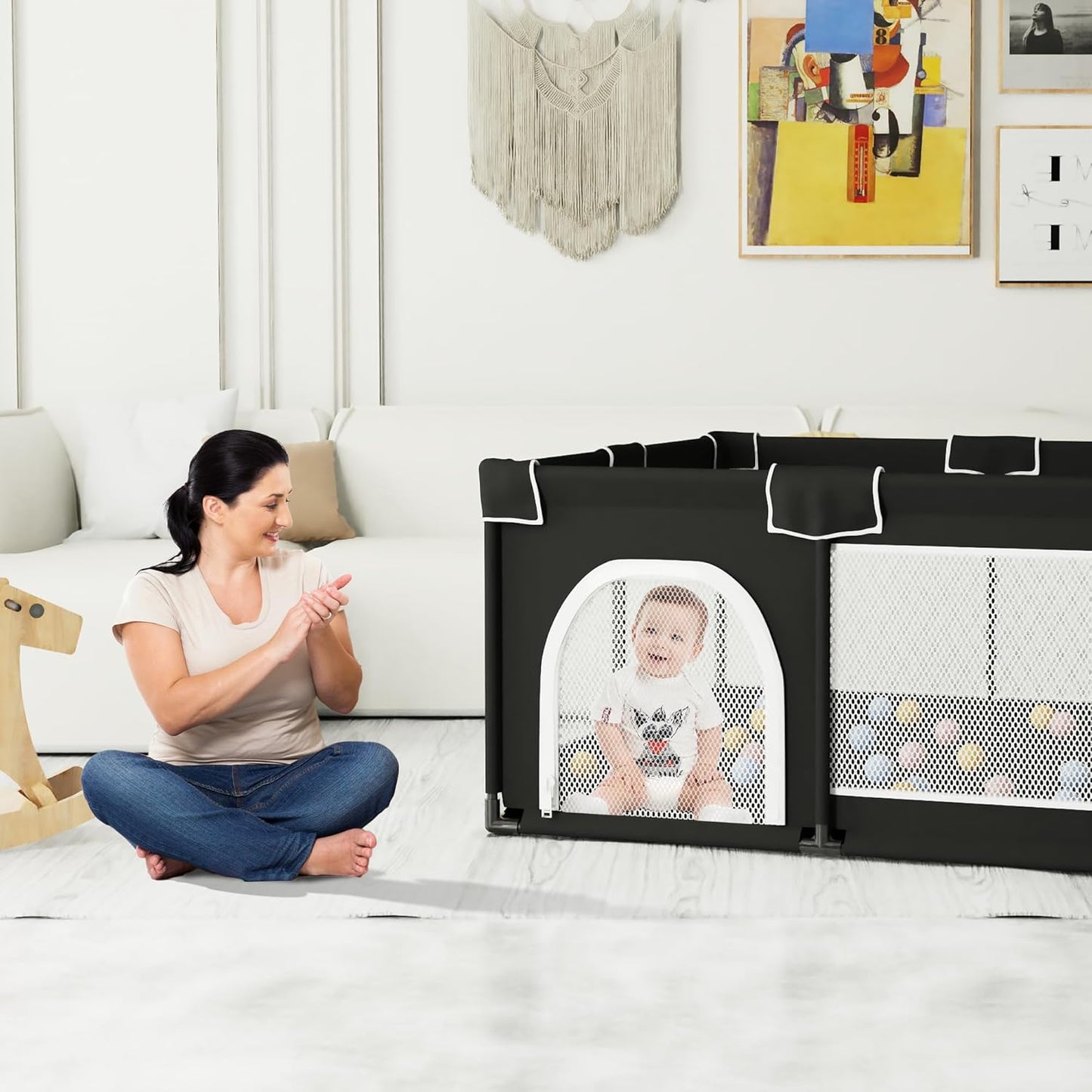 Grobeybees Playpen for Babies and Toddlers, Small Baby Playpen, Playard with Bag, Indoor & Outdoor Play Pen, Sturdy Safety Baby Play Yard with Soft Breathable Mesh(Black, 36x36 inches)