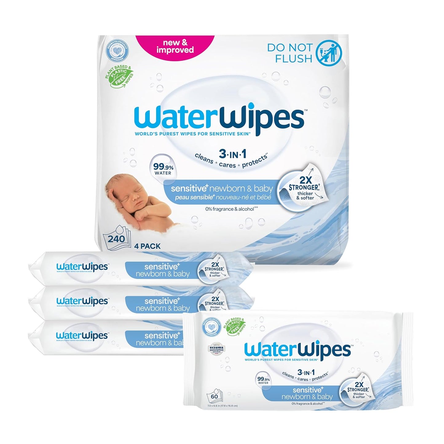 WaterWipes Sensitive+ Newborn & Baby Wipes, 3-In-1 Cleans, Cares, Protects, 99.9% Water, Unscented & Hypoallergenic, 720 Count (12 Packs)