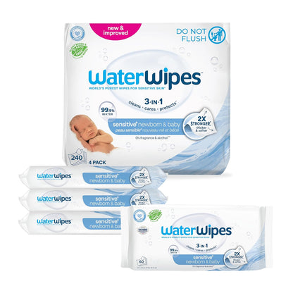 WaterWipes Sensitive+ Newborn & Baby Wipes, 3-In-1 Cleans, Cares, Protects, 99.9% Water, Unscented & Hypoallergenic, 720 Count (12 Packs)
