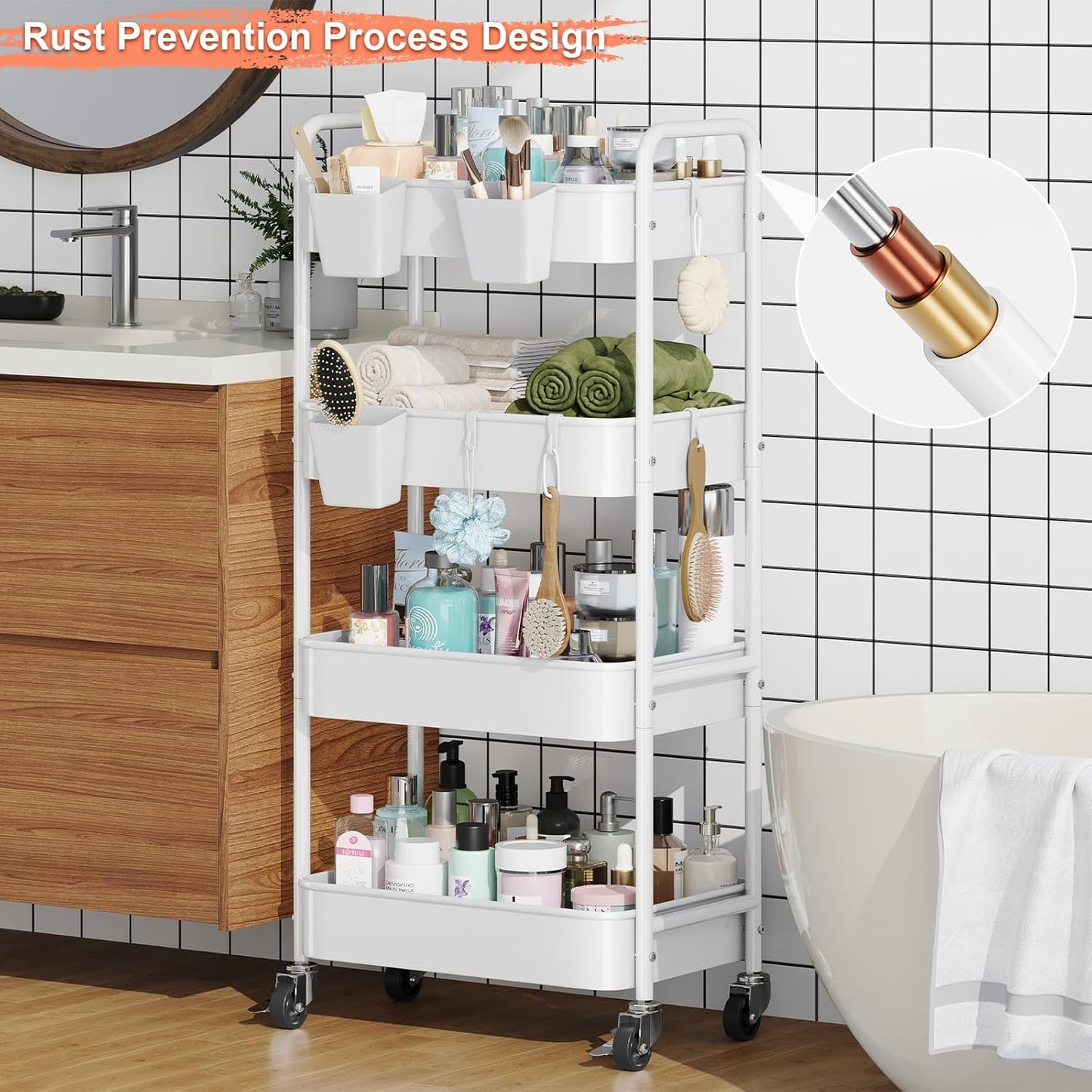 3 Tier Rolling Cart Metal with Lockable Wheels, Pink Three Tiered Diaper Caddy Cart Organizer on Wheels, Storage Utility Trolley Carts for Craft, Art, Nail, Lash, Baby Supplies, Cleaning, Mesh