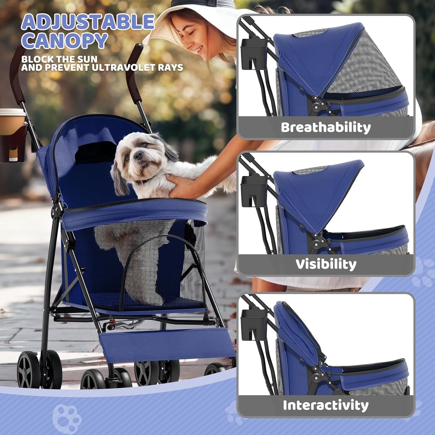 Magshion Compact Pet Stroller for Small-Medium Dogs/Cats up to 22lbs, 4-Wheel Lightweight Umbrella Shaped Portable Puppy Travel Jogger with Breathable Mesh, Cup Holder & Rear Storage, Black