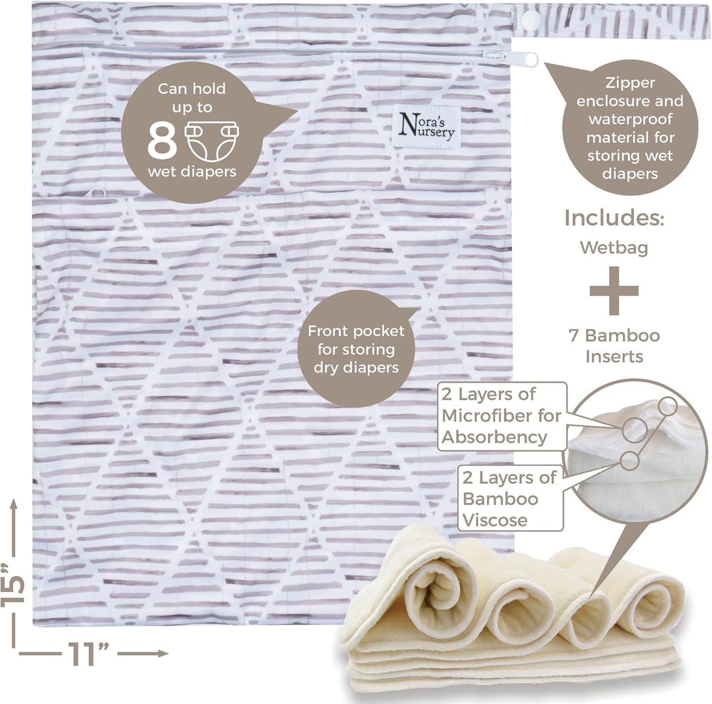 Nora's Nursery Cloth Diapers 7 Pack with 7 Inserts & 1 Wet Bag - Waterproof Cover, Washable, Reusable & One Size Adjustable Pocket Diapers for Newborns and Toddlers - Delilah