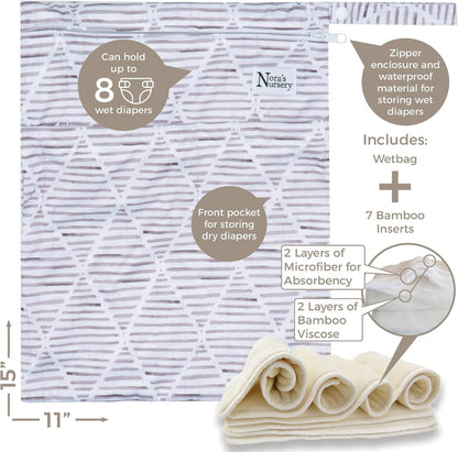 Nora's Nursery Cloth Diapers 7 Pack with 7 Inserts & 1 Wet Bag - Waterproof Cover, Washable, Reusable & One Size Adjustable Pocket Diapers for Newborns and Toddlers - Delilah